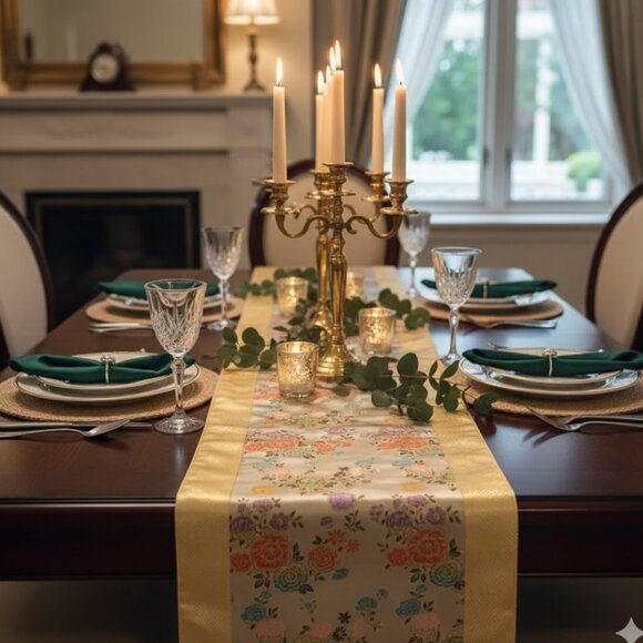 ELEGANT TABLE RUNNER ORIENTAL FLORAL FULLY LINED 74” LONG 15” WIDE